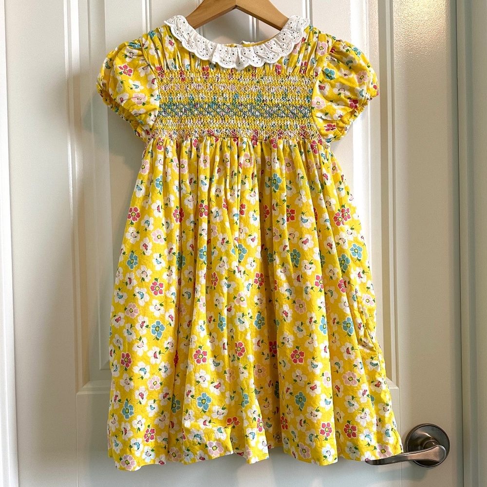 Mini Boden Yellow Dress Floral Print lace collar  size 6/7